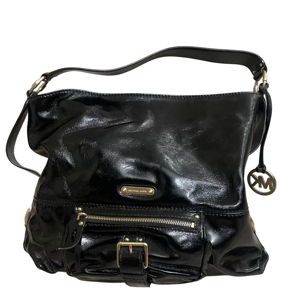 Michael Kors Black Patent Leather Satchel Shoulder Bag Designer Purse EUC